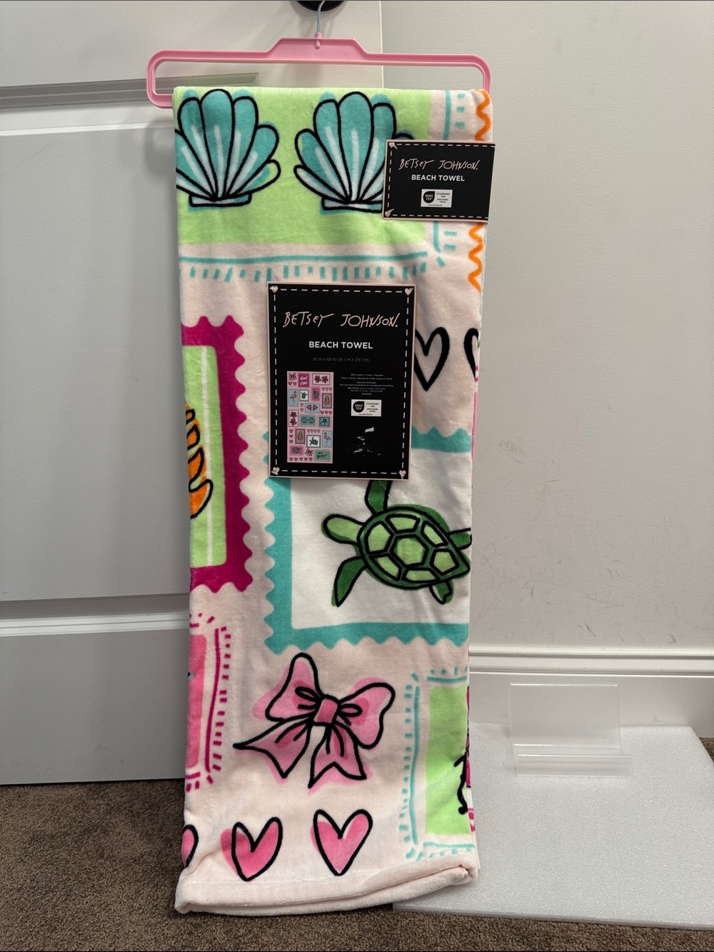 Betsey Johnson good vibes turtle flamingo beach towel 36” x 68” NWT